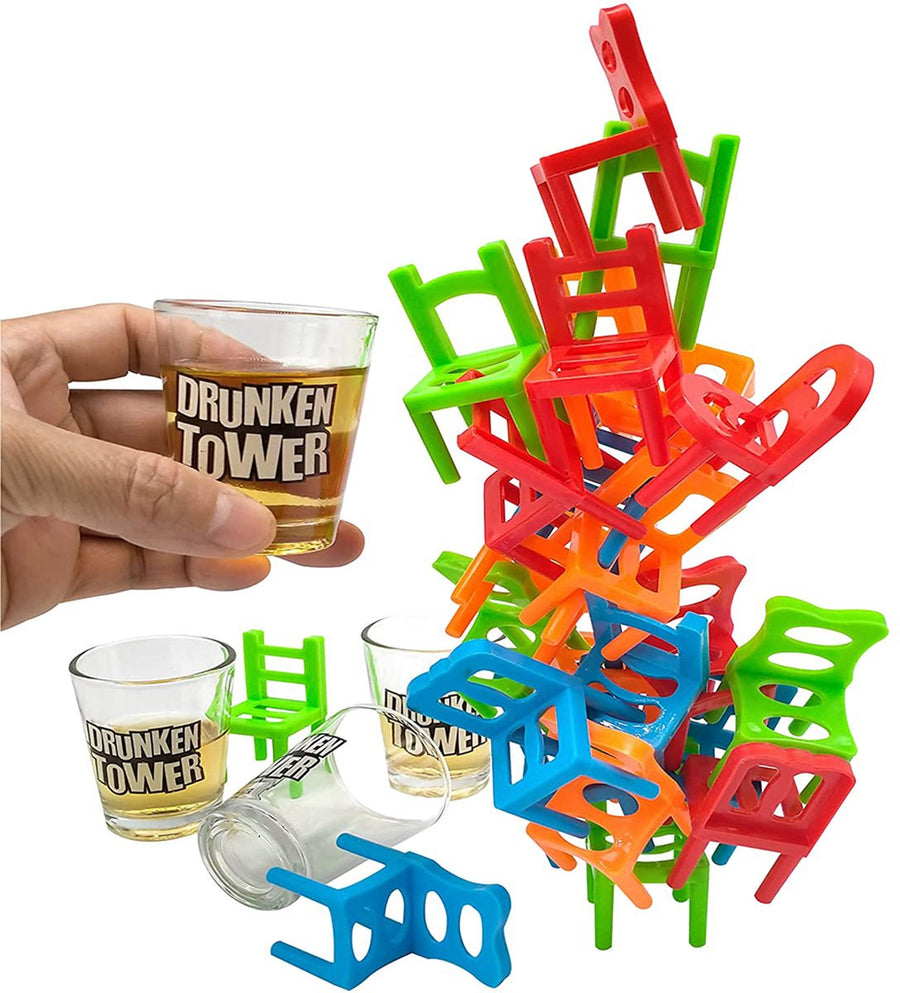 Ariko Drankspel Stoelen stapelen - Drank spel - Vallende stoelen - inclusief 4 glaasjes