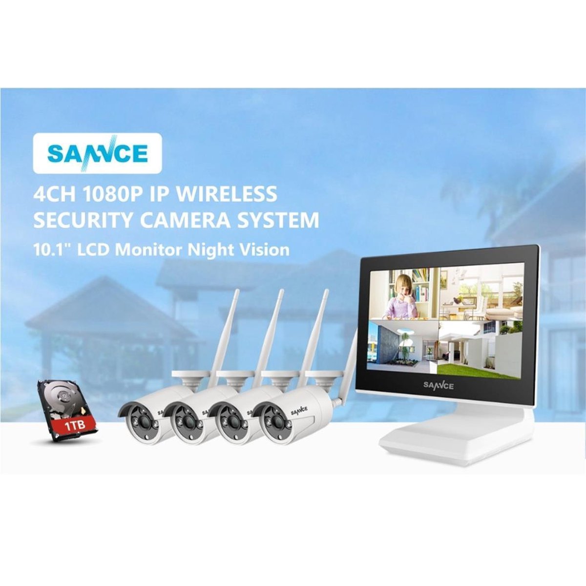 Wireless Camera System 4 Cameras - 10 Inch Monitor - App Control - 1TB HD - Plug and Play