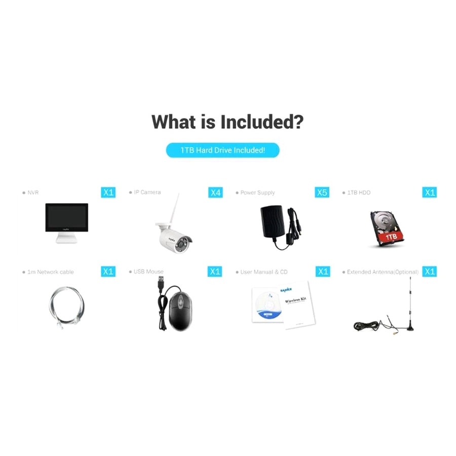 Draadloos Camerasysteem 4 Camera's - 10 Inch Monitor - App Control – 1TB HD - Plug and Play