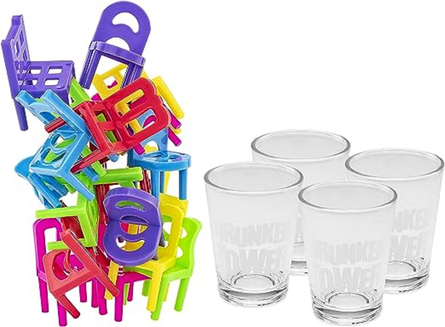 Ariko Drankspel Stoelen stapelen - Drank spel - Vallende stoelen - inclusief 4 glaasjes