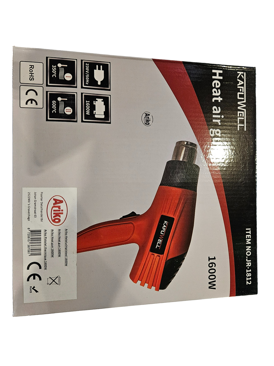 Ariko Hete Luchtpistool / Verfbrander - 1600W Twee Standen - Tot 600 Graden - 4 Opzetstukken