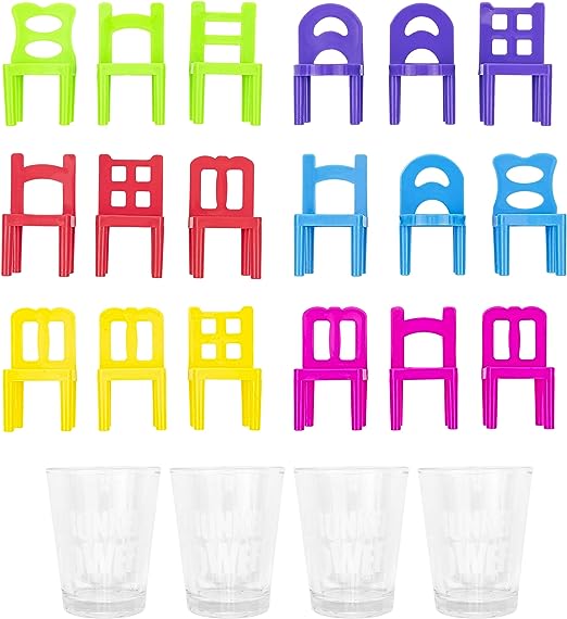 Ariko Drankspel Stoelen stapelen - Drank spel - Vallende stoelen - inclusief 4 glaasjes
