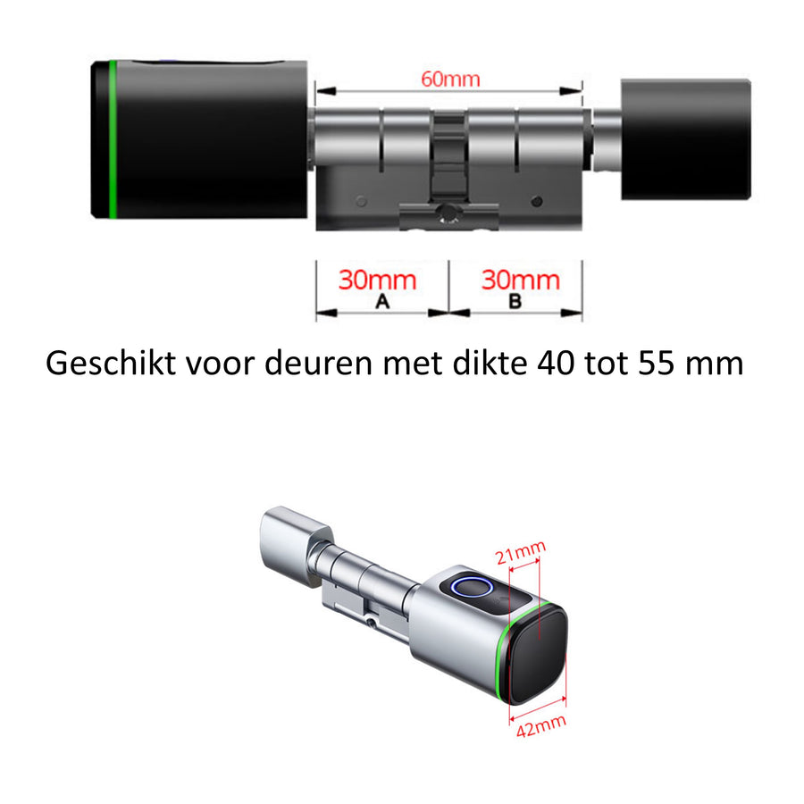 Ariko Elektronische Smart Deurcilinder - App - Vingerprint - Smart Tag - Bluetooth - met noodsleutel - Op Afstand te Openen - 2 x 30mm - 60 mm