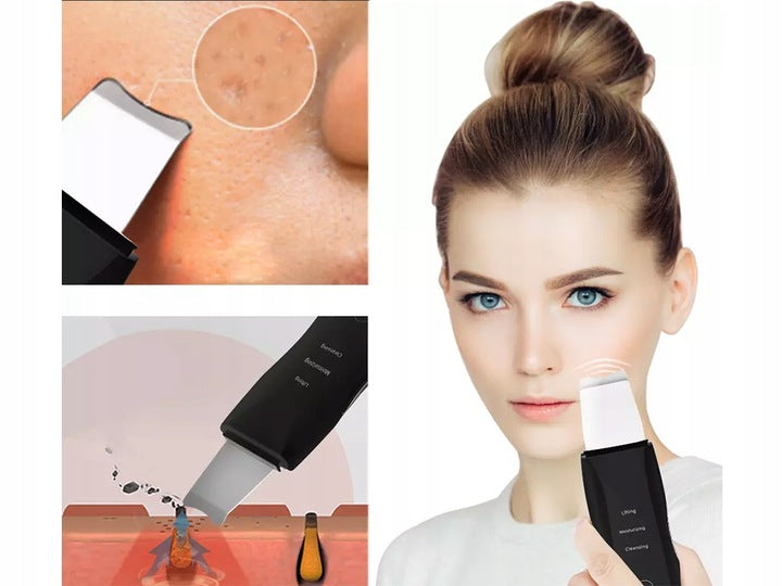 Ariko Ultrasoon Face Huidverjongingsapparaat – Blackhead remover - Skin scrubber - Zwart - Comedonenlepel - Mee Eter Verwijderaar - Gezichtsreiniger - Puisten - Verzacht rimpels - Anti Acne - Ultrasonic Spatel - Reiniging, Hydratatie & Versteviging