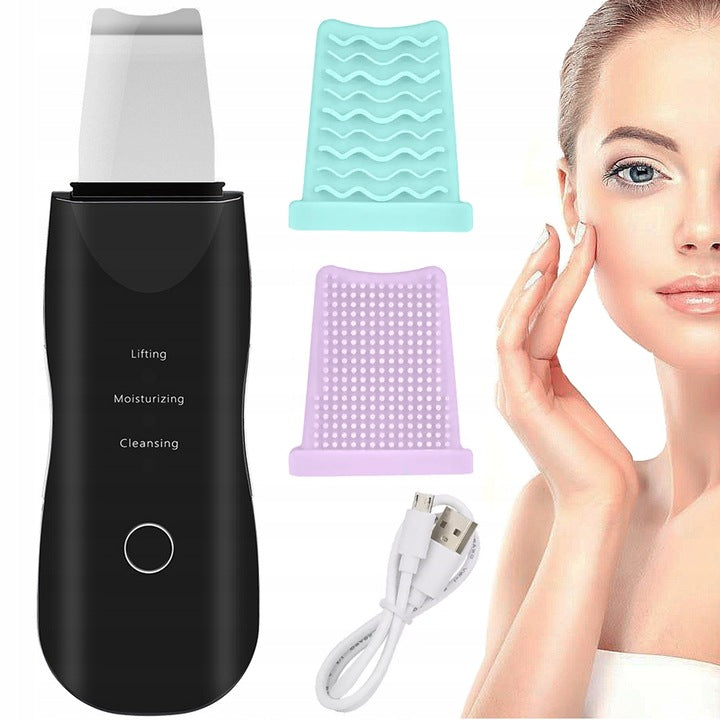 Ariko Ultrasoon Face Huidverjongingsapparaat – Blackhead remover - Skin scrubber - Zwart - Comedonenlepel - Mee Eter Verwijderaar - Gezichtsreiniger - Puisten - Verzacht rimpels - Anti Acne - Ultrasonic Spatel - Reiniging, Hydratatie & Versteviging