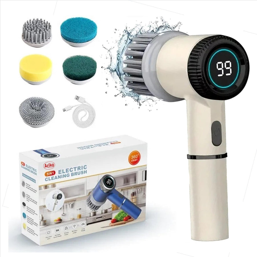 Ariko Elektrische Schoonmaak Borstel - Afwasborstel - Schoonmaakborstel - Krachtige 1500Mah Motor - 3 Standen - 5 Verschillende Koppen - Draadloos - Stil - Wit