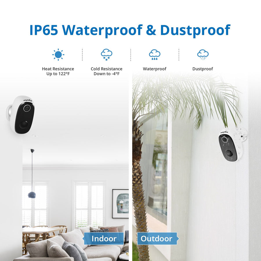 Sannce Slimme WiFi waterbestendige IP-binnen / buitencamera (Full-HD 2mp, SD, IR+2-weg audio), Draadloos met ingebouwde accu, standby voor 5 maanden