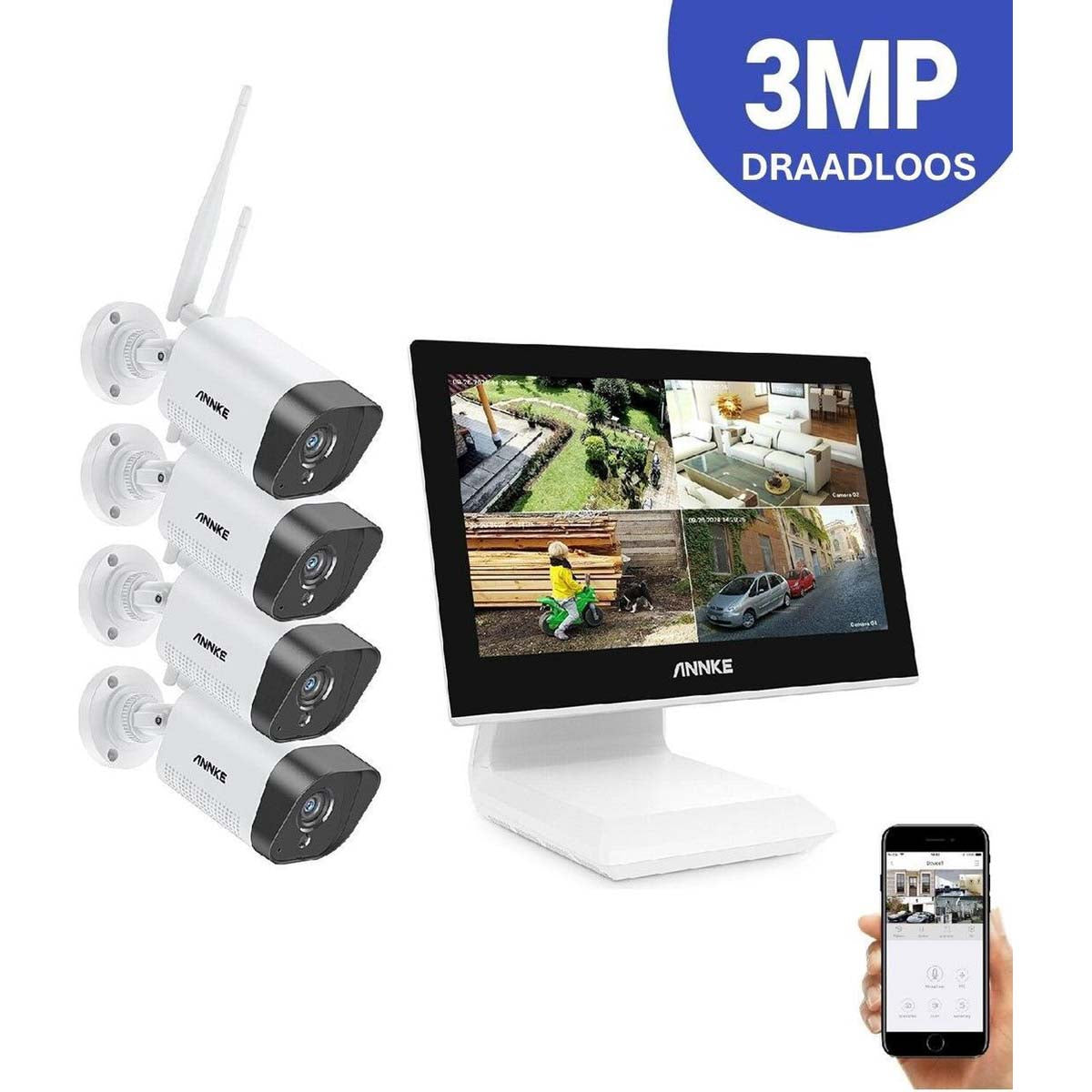 Ariko Annke Wireless 3MP camera security system 10 pouces monitor 2TB HD/live internet - 4 caméras sans fil - Plug and play