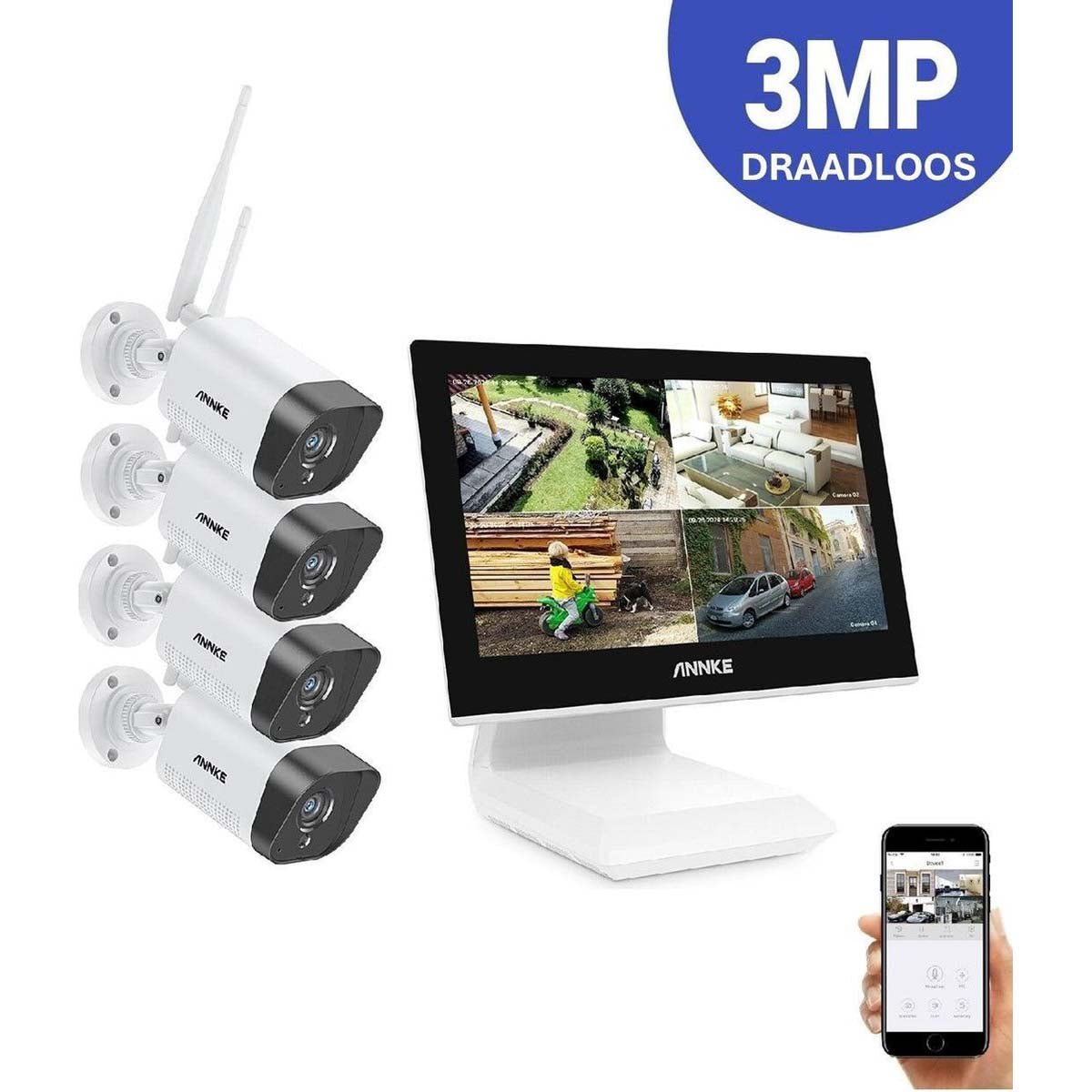<tc>Ariko</tc> Annke Wireless 3MP camera security system 10 inch monitor 2TB HD/live internet - 4 wireless cameras - Plug and play