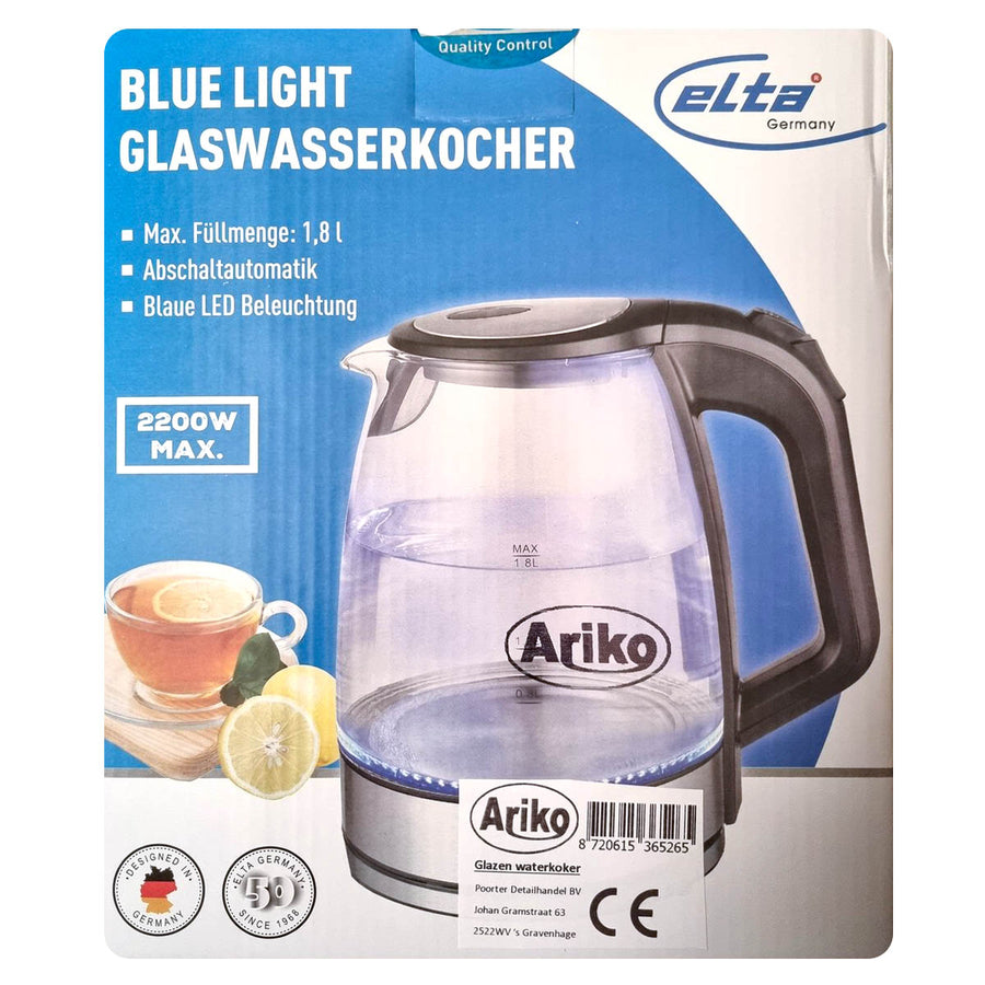 Ariko Elta Glazen Waterkoker - 1,8 liter - Blauwe LED Verlichting - 2200W