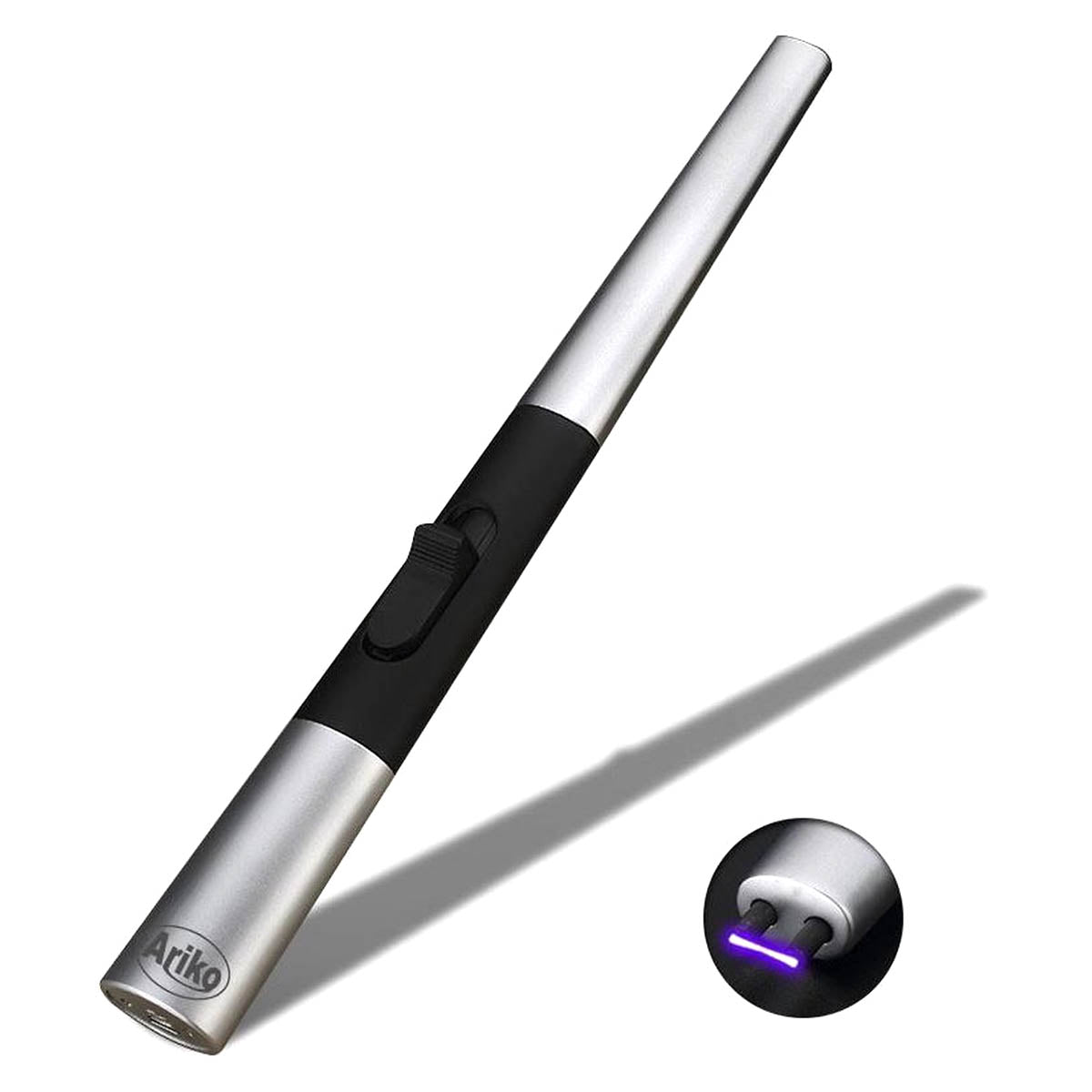 Ariko Luxe Plasma Arc Aansteker (Zilver) in Cadeaudoos | USB- oplaadbaar | Vlamloze elektrische aansteker voor keuken, kaars, BBQ of openhaard | In- en outdoor | Chique design
