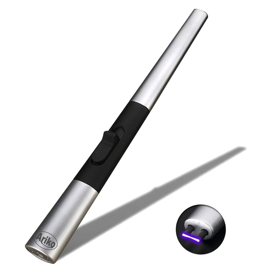 Ariko Luxe Plasma Arc Aansteker (Zilver) in Cadeaudoos | USB- oplaadbaar | Vlamloze elektrische aansteker voor keuken, kaars, BBQ of openhaard | In- en outdoor | Chique design