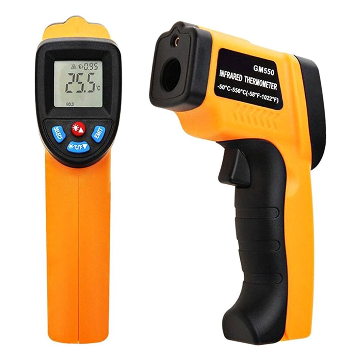 <tc>Ariko</tc>  Infrarot-Laser-Thermometer – Oberflächenthermometer – berührungslos – Laserpointer – Schwarzlicht-LCD-Bildschirm – inkl. Batterien – orange – bis zu 550º