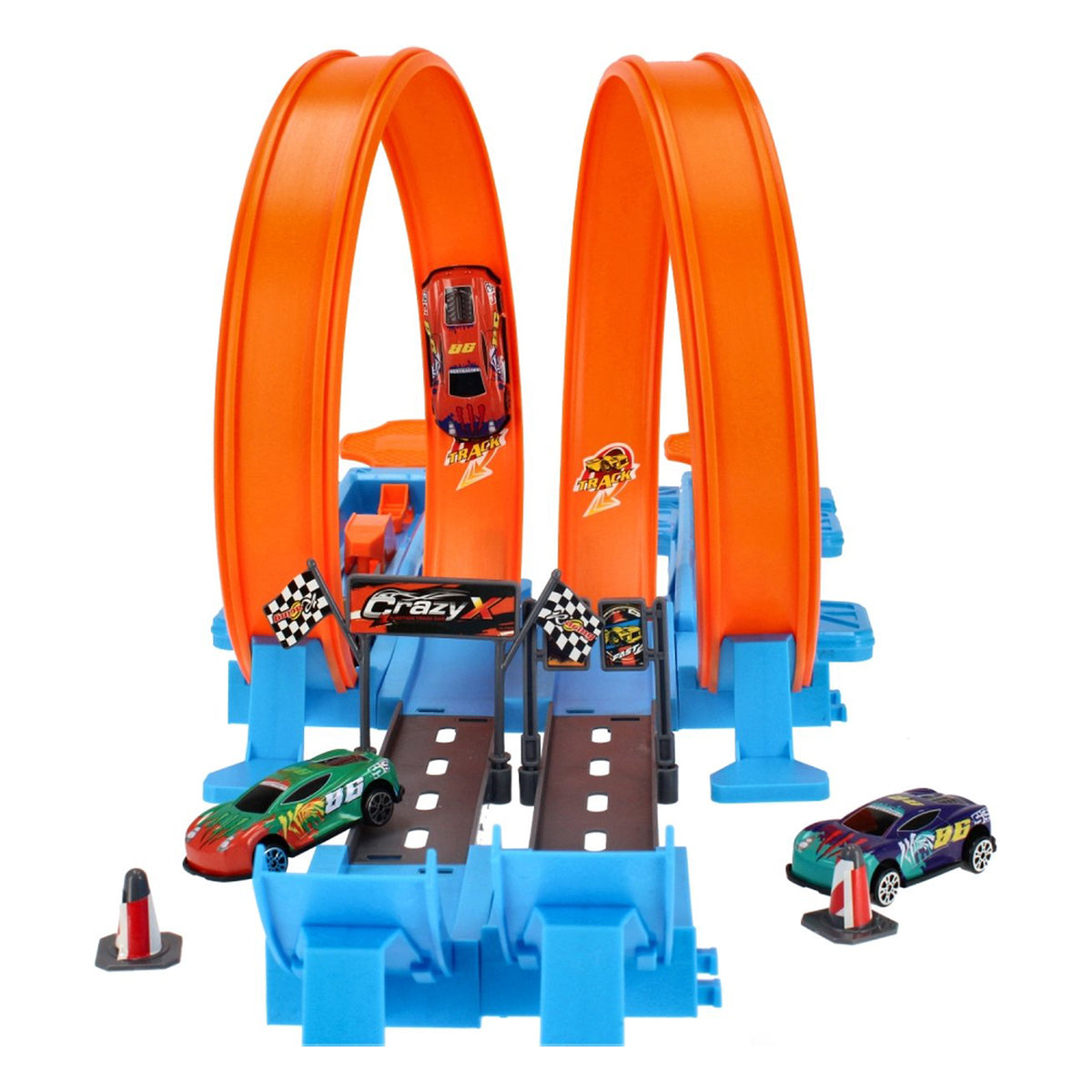 <tc>Ariko</tc> Double track race track - 40 parts - two loupes - two lounchers in 4 gears - 3 in 1 - 4 cars - with points system