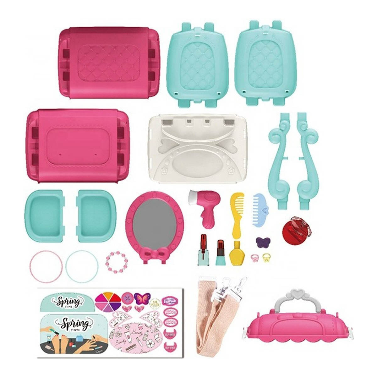 Ariko Spielzeugkoffer Kosmetiksalon 31 Teile - Föhn, Spiegel, Schminke, Parfüm und vieles mehr - praktischer Koffer zum Mitnehmen