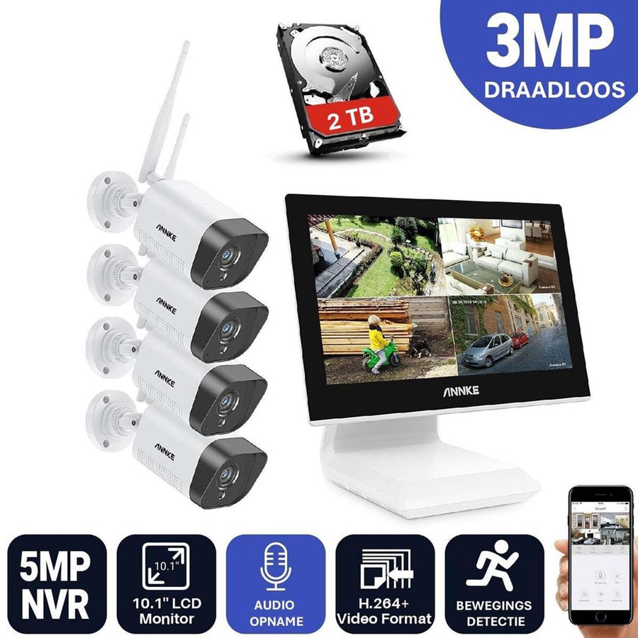 Ariko Annke Draadloos 3MP Camerabeveiligingssysteem 10 inch Monitor 2TB HD/live internet - 4 Draadloze Camera's - Plug and play
