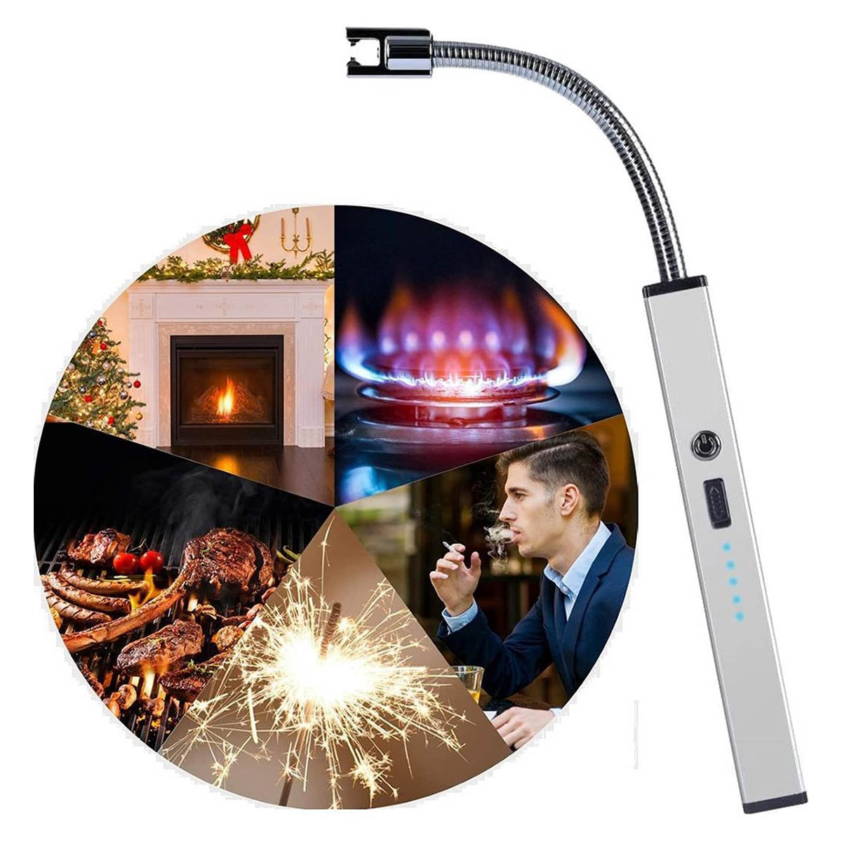 Flexibele elektronische Keuken BBQ Aansteker - Extra lang - Extra heet 900 graden - Elektonische USB oplaad aansteker zilver - Ariko