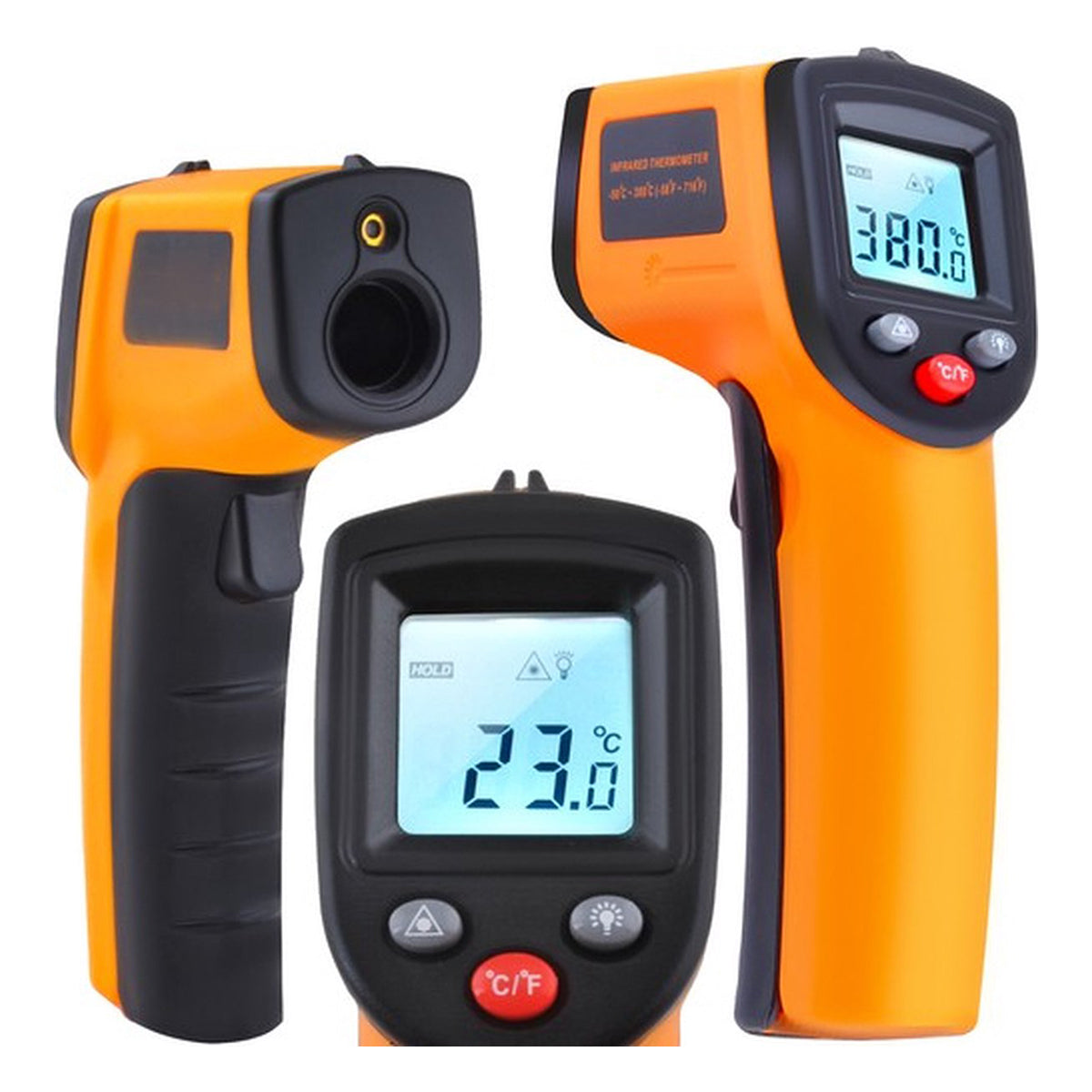 <tc>Ariko</tc>  Infrarot-Laser-Thermometer – Oberflächenthermometer – berührungslos – Laserpointer – Schwarzlicht-LCD-Bildschirm – inkl. Batterien – orange – bis zu 380º