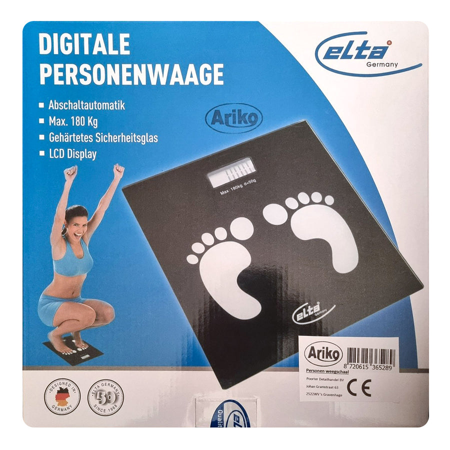 Ariko Elta Digitale Personenweegschaal - Max. Capaciteit 180 kg - Zwart - Inclusief 2 x AAA batterijen