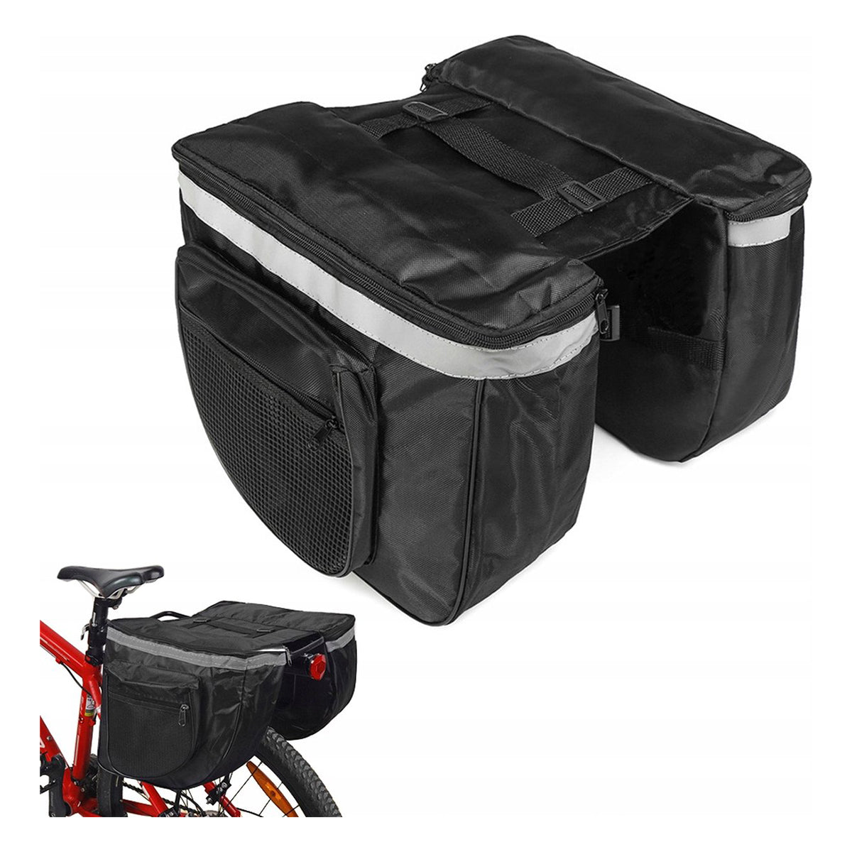 Luxus-Doppelgepäckträgertasche – Fahrradtasche – Große doppelte abnehmbare Gepäckträgertasche – Trunkbag – wasserdicht – Bikepacking-Taschenhalter – Trunkbag mit 4 Fächern – 28 Liter Stauraum – Schwarz