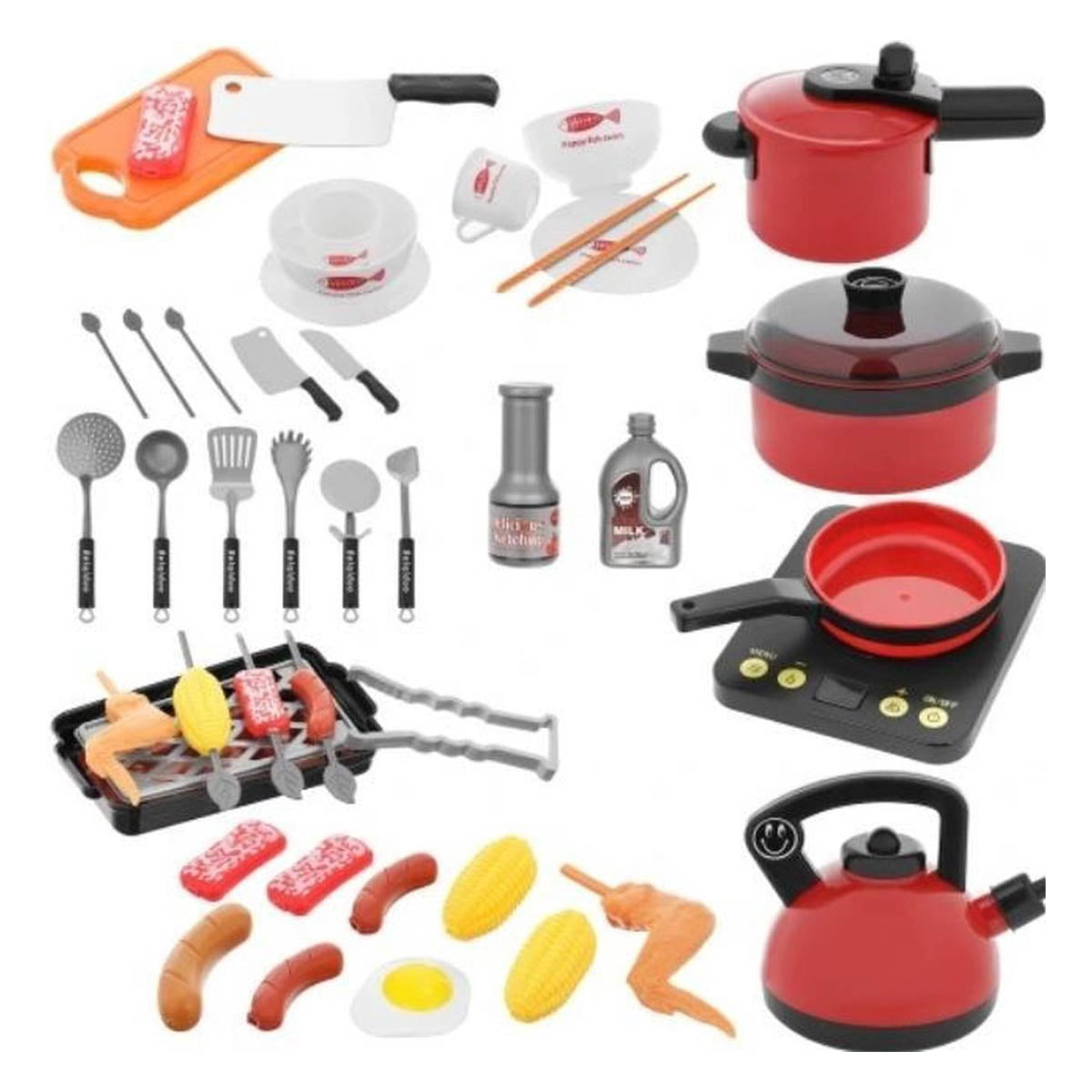 Ariko Speelgoedkeuken accessoire set | 44- delig | Keukengerei met keuken benodigdheden | Etenswaren | Kookplaat | Fluitketel | Snijplank | Inclusief 3 x Philips AA batterijen