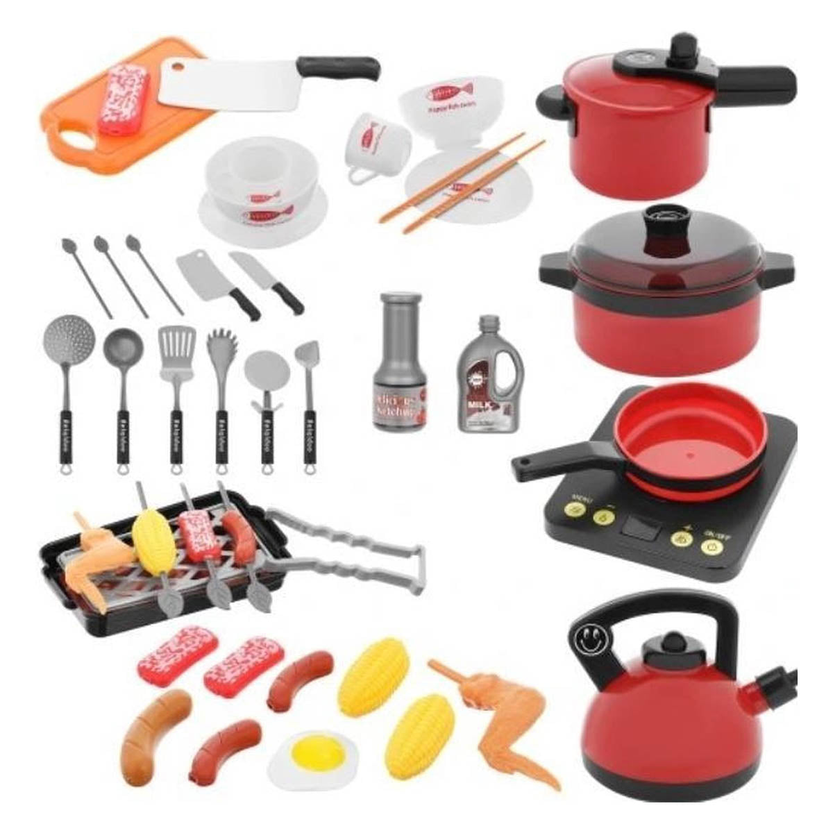 <tc>Ariko</tc> Toy kitchen accessory set | 44- piece | Kitchen utensils with kitchen supplies | Food items | Hob | whistling kettle | Cutting board | Includes 3 x Philips AA batteries