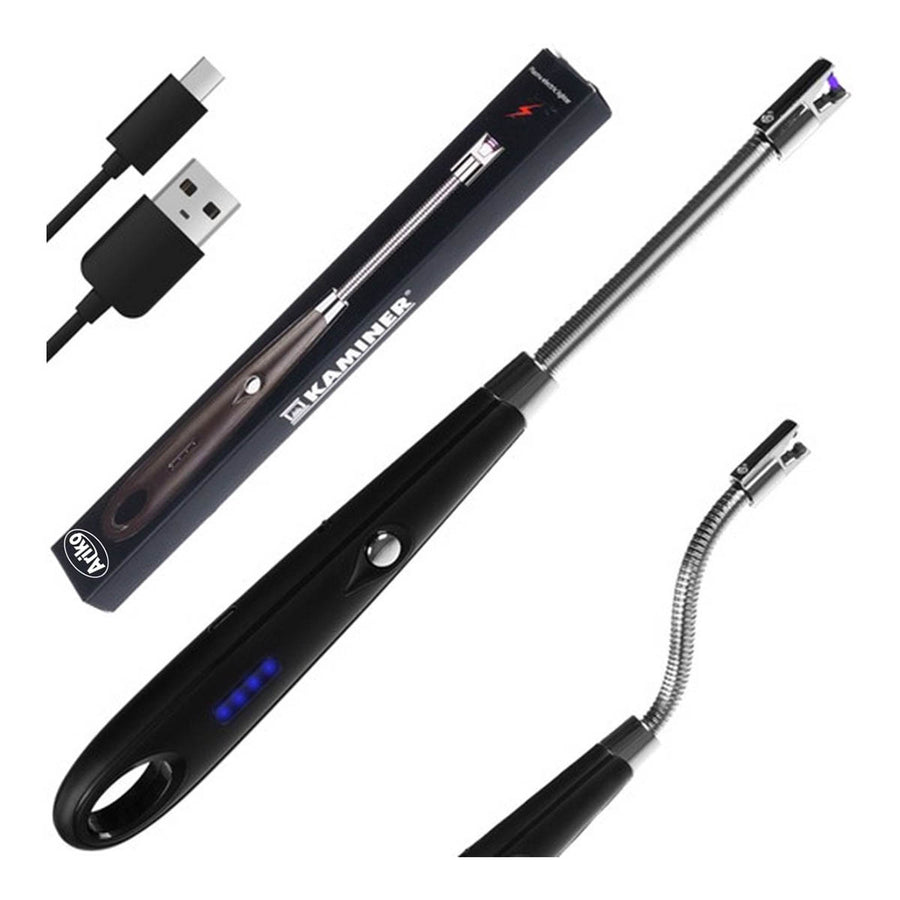 Ariko Kaminer Plasma Wiederaufladbares Grillfeuerzeug – Elektrisches Küchenfeuerzeug – Flexibles Feuerzeug – nicht weniger als 170 mAh – 60 x pro Ladung verwendbar – Haken zum Aufhängen – USB-Kabel – Schwarz