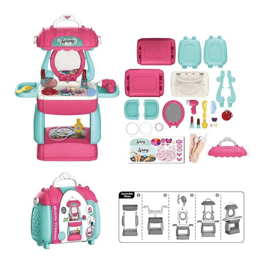 Ariko Speelgoed Koffer Schoonheid salon 31 delig - Fohn, spiegel, make-up, parfum en nog veel meer - handige meeneem koffer