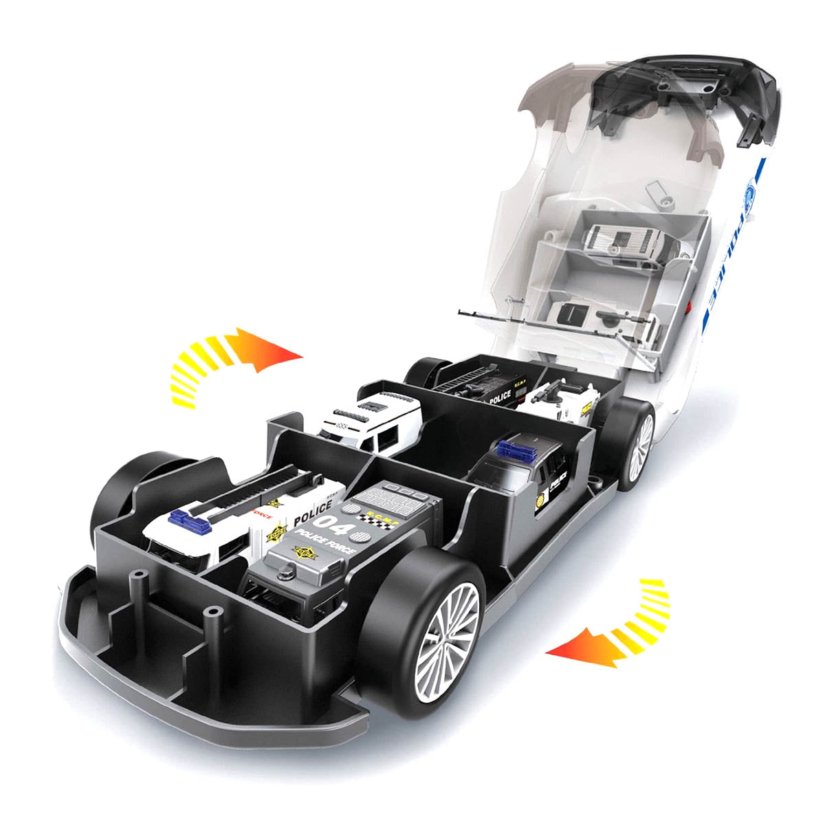 Ariko XL-Polizeiauto-Set - nicht weniger als 1:64 - 3 zusätzliche Autos - Staufächer im Auto - Polizist - mit Licht und Sound - inklusive Batterien