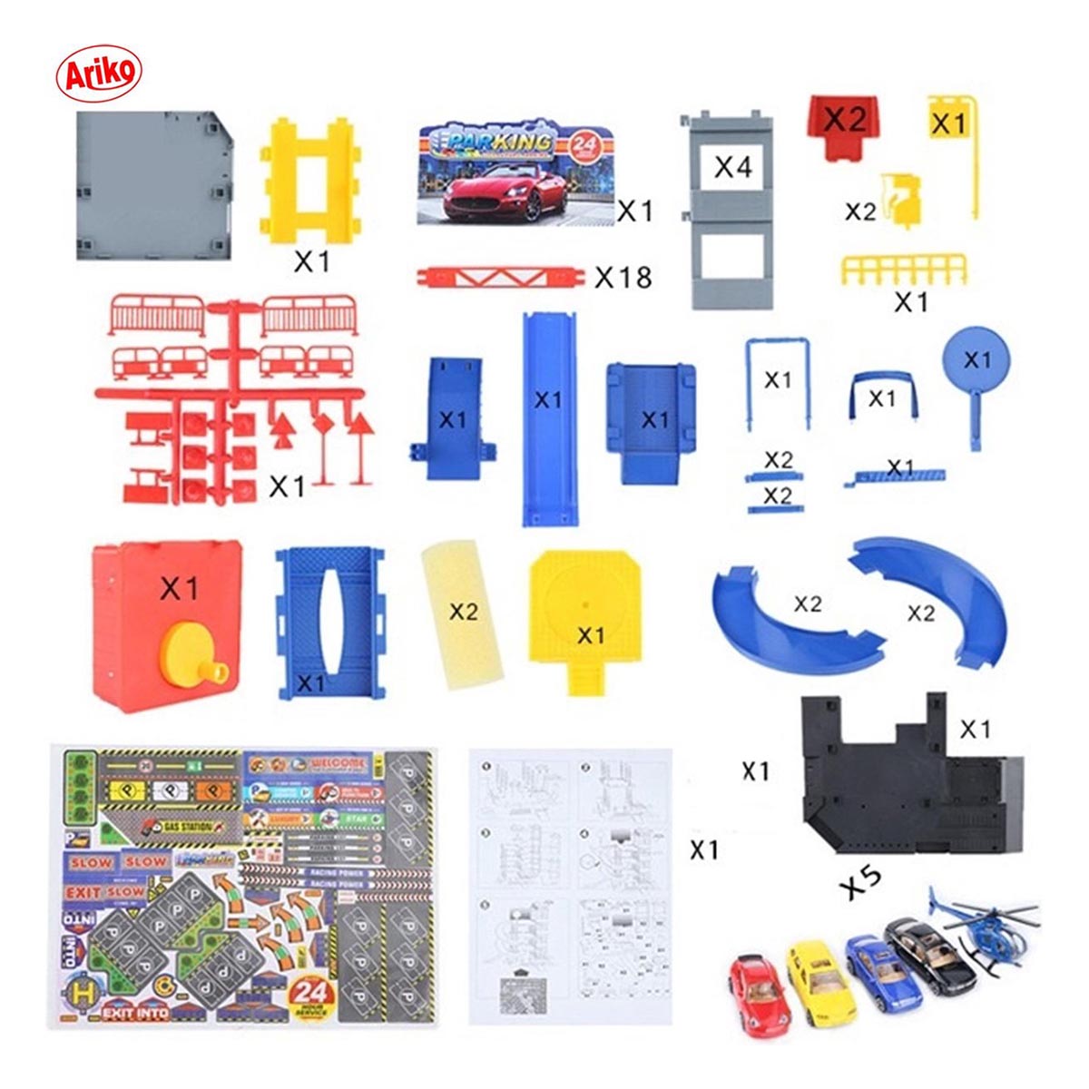Ariko XXL Parkeergarage - Garage speelset - 4 auto's - helicopter - lift - wasstraat - helicopter platform - accessoires