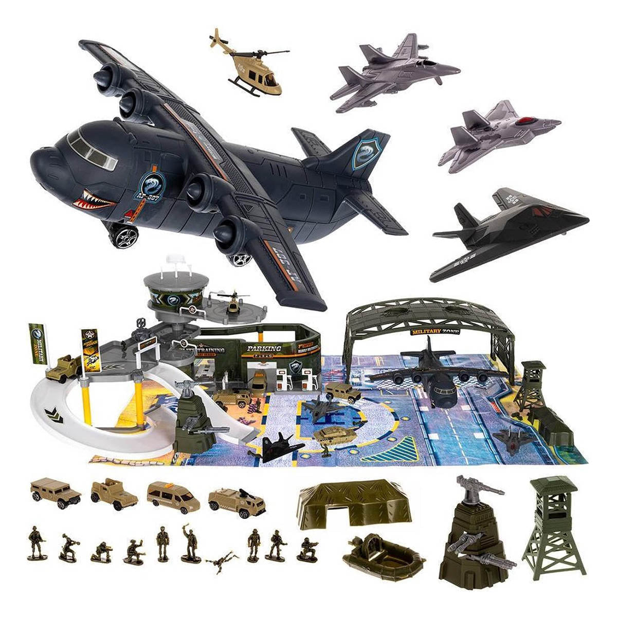 <tc>Ariko</tc> Luxury Special forces airfield | Military Air Base | Airport Toy set | with toy rug | Parking | Garage | Gas station | 3 aircraft | 1 helicopter | 1 army tank | 3 vehicles