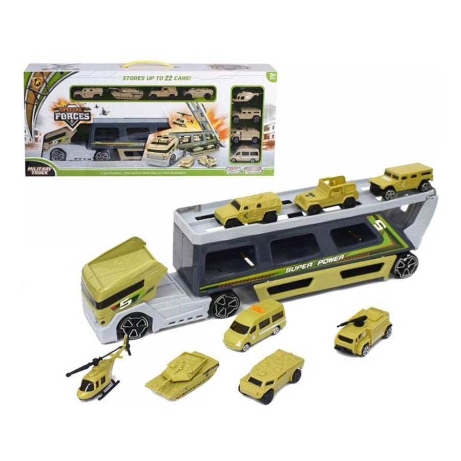 Ariko Militaire Auto Transport Truck - met 8 voertuigen en helikopters - beweegbare delen - opbergruimte voor 22 auto's