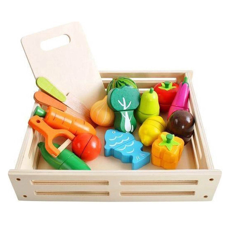 Ariko Houten Speelgoed set Fruit en Groente - 17 delig - Keuken accessoires - Winkeltje speelgoed - Speelgoedeten - Speelgoed fruit hout