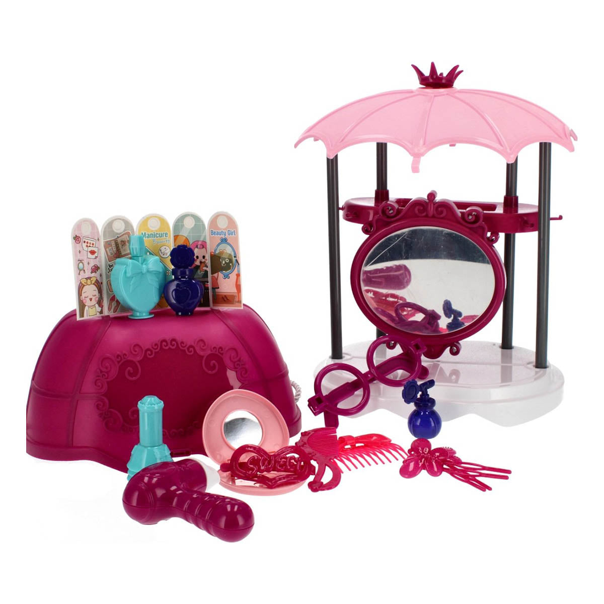 <tc>Ariko</tc>  Toy Suitcase Salon de beauté 30 pièces - Sèche-cheveux, miroir, maquillage, parfum et bien plus encore - valise à emporter pratique