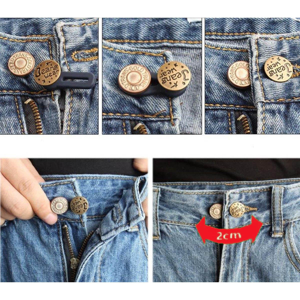 Bouton d'extension de jeans 3 pièces - 2 cm - rallonge de bouton - bouton de réglage - jean trop serré - boutons miracles - élargissement pantalon de grossesse - rallonges de boutonnière