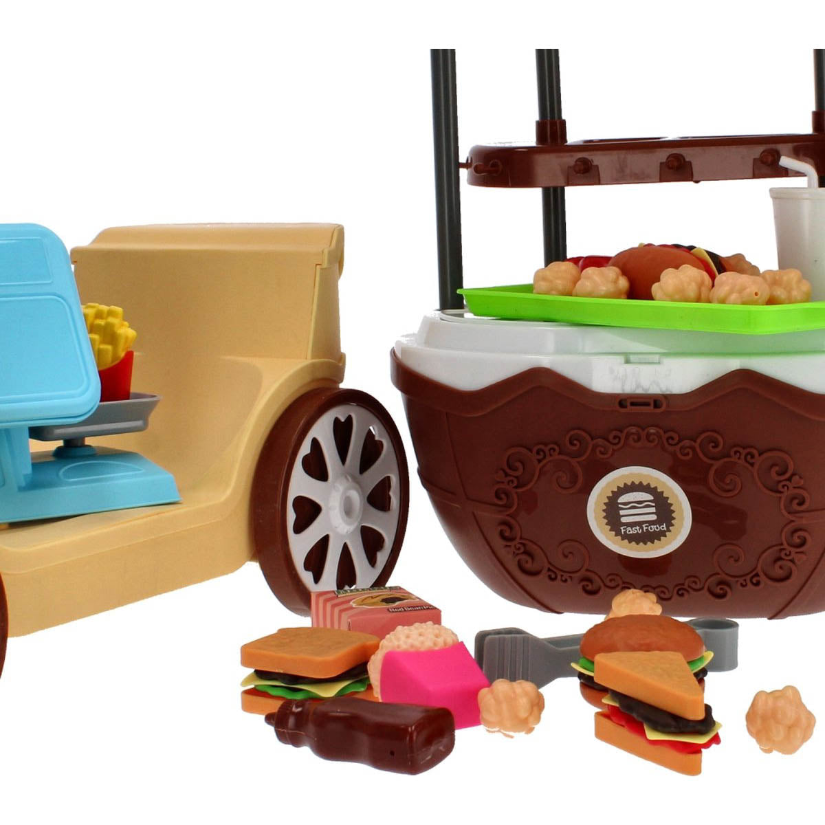 Ariko Chariot à jouets Fast-food 59 pièces - hamburgers, pop-corn, sauces, pinces et bien plus encore - valise à emporter pratique à roulettes