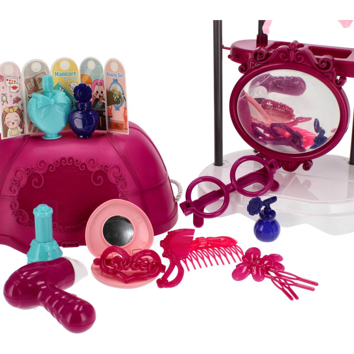 <tc>Ariko</tc>  Toy Suitcase Salon de beauté 30 pièces - Sèche-cheveux, miroir, maquillage, parfum et bien plus encore - valise à emporter pratique