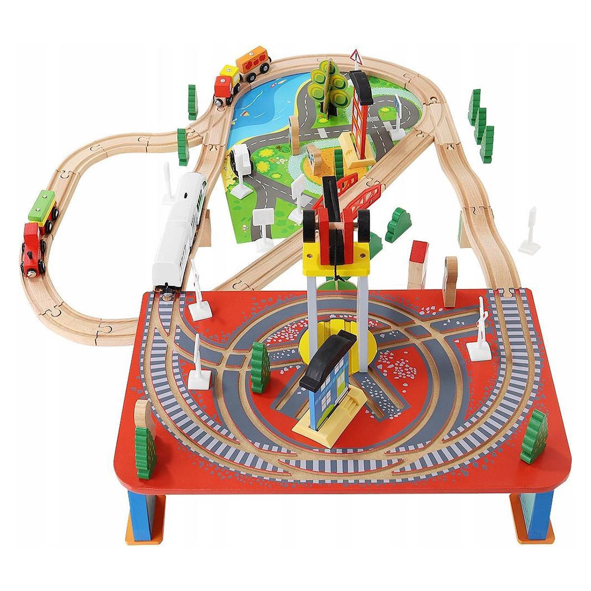 XXL Elektrische Houten Treinbaan Set - Set Met Elektrische Trein Met Locomotief - Speelgoedtrein Spoorbaan Rails - Spoorweg Treinset Electrisch - Treinset - 88-Delig - 330 Centimeter - Ariko