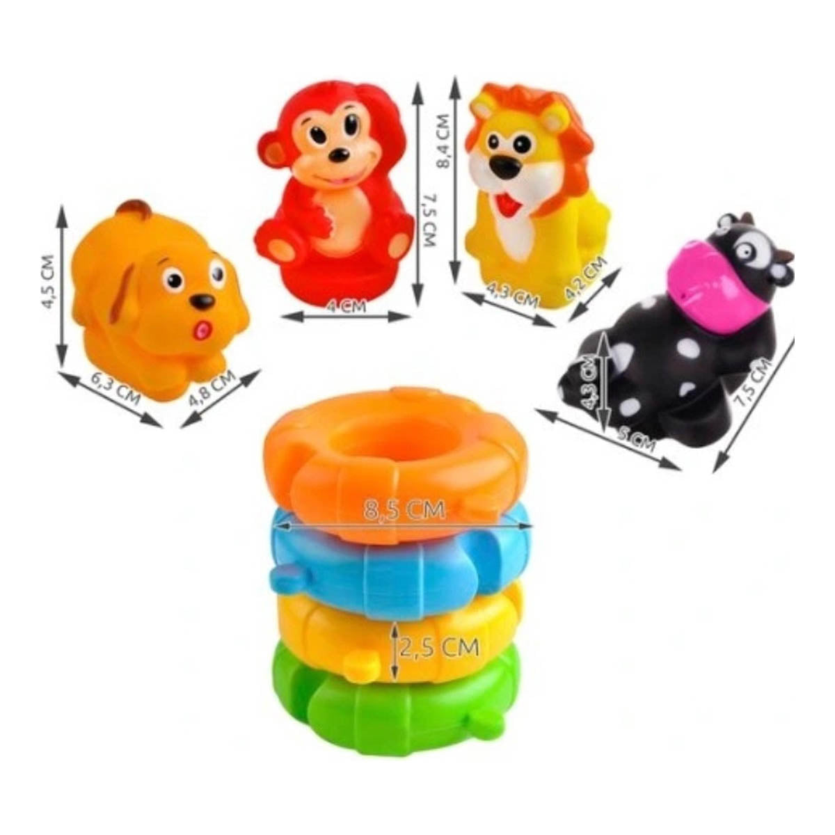 <tc>Ariko</tc> Bath toys, loose animals in life buoy - Rubber duck - lion - cow - monkey - dog