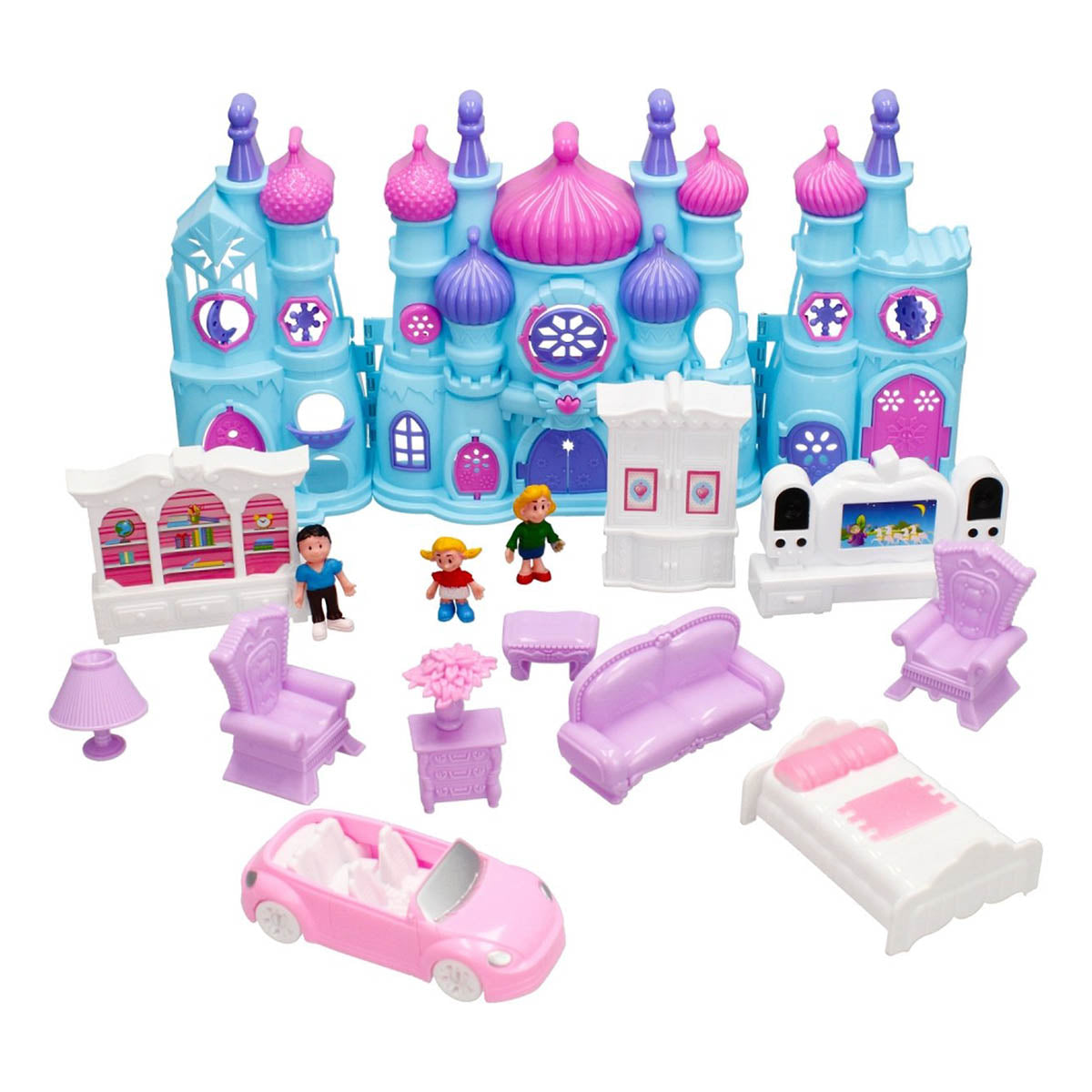 Ariko XXL Prinzessinnenschloss mit Licht und Sound - mit Möbeln, Puppen und einem Auto - inkl. 3 x LR44 Batterien