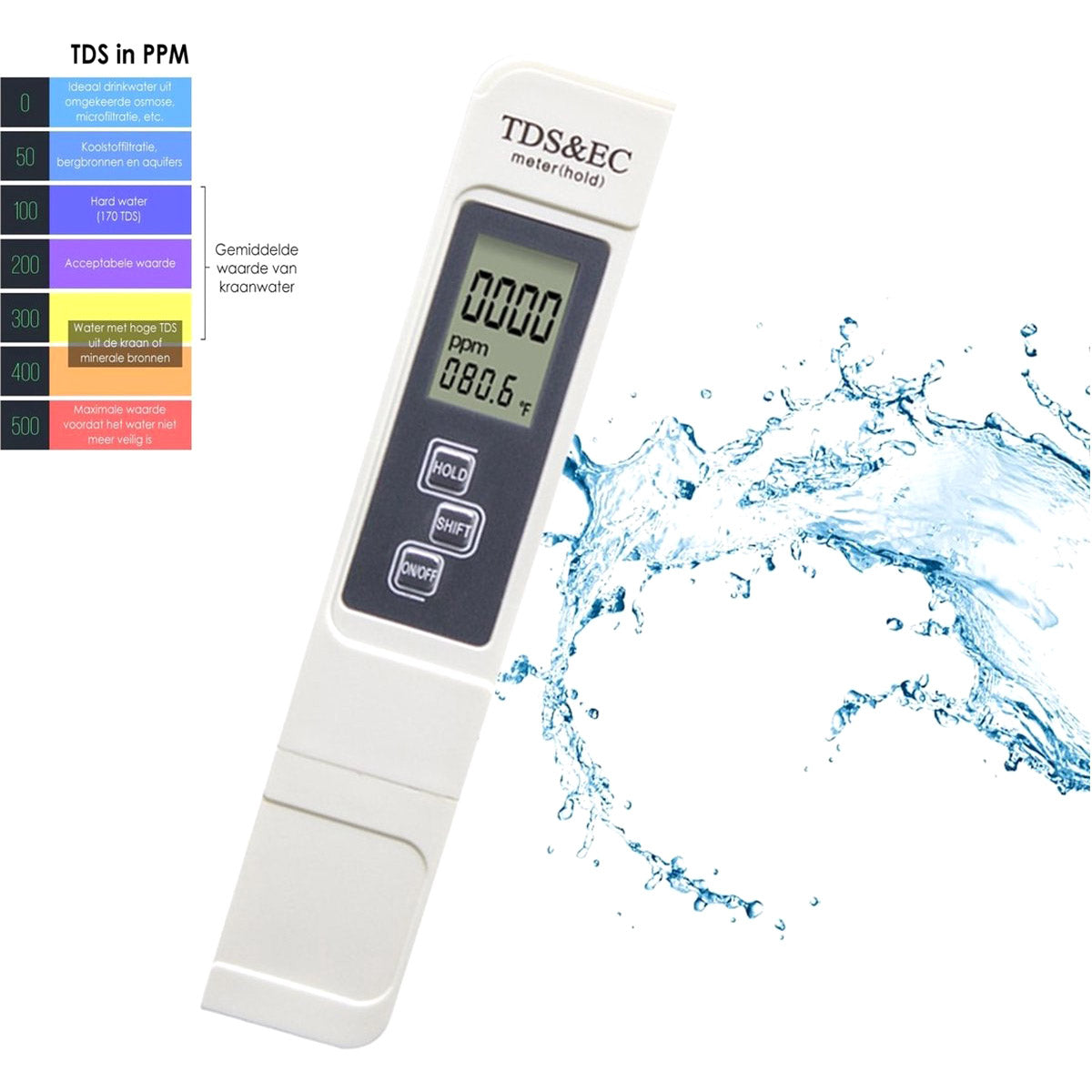 <tc>Ariko</tc> Compteur professionnel de dureté de l'eau - Compteur précis 3 en 1 TDS, EC et température de l'eau - avec batterie