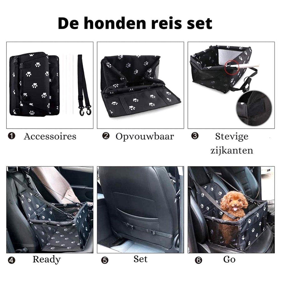 Ariko Autostoel Hond / Kat / Puppy - Opvouwbaar Waterbestendig Honden / Kat zitje - Dieren zitje voor in de auto - Hondenmand - 40 x 40 x 25 cm - Incl Opvouwbaar voerbakje en borstel - Veiligheidsband - Schone auto