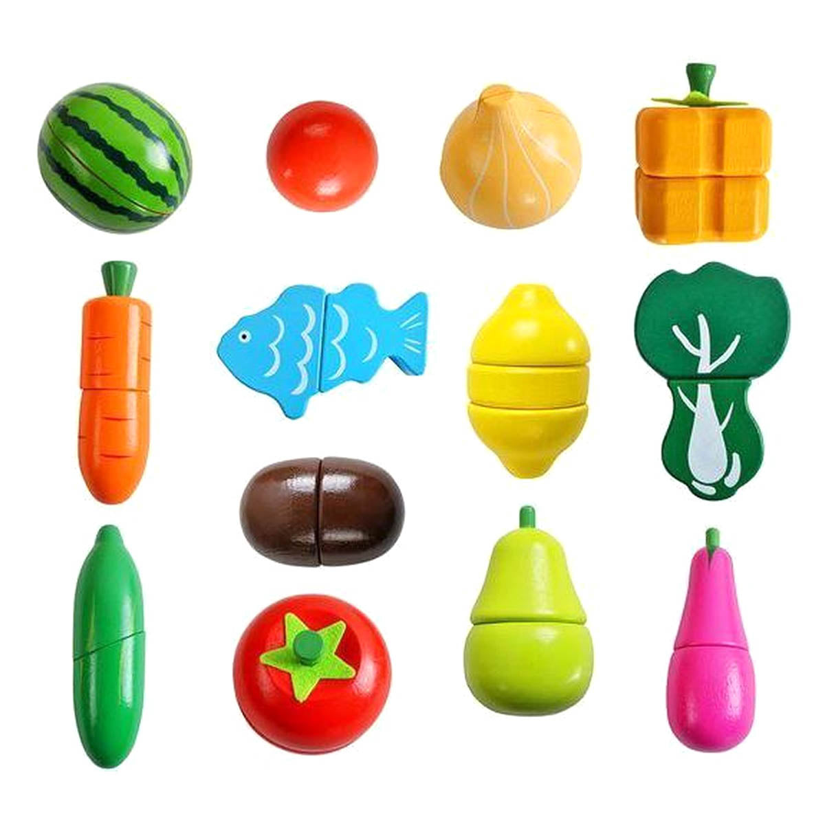 Ariko Ensemble de jouets en bois fruits et légumes - 17 pièces - accessoires de cuisine - Magasin de jouets - Jouet alimentaire - Jouets en bois de fruits