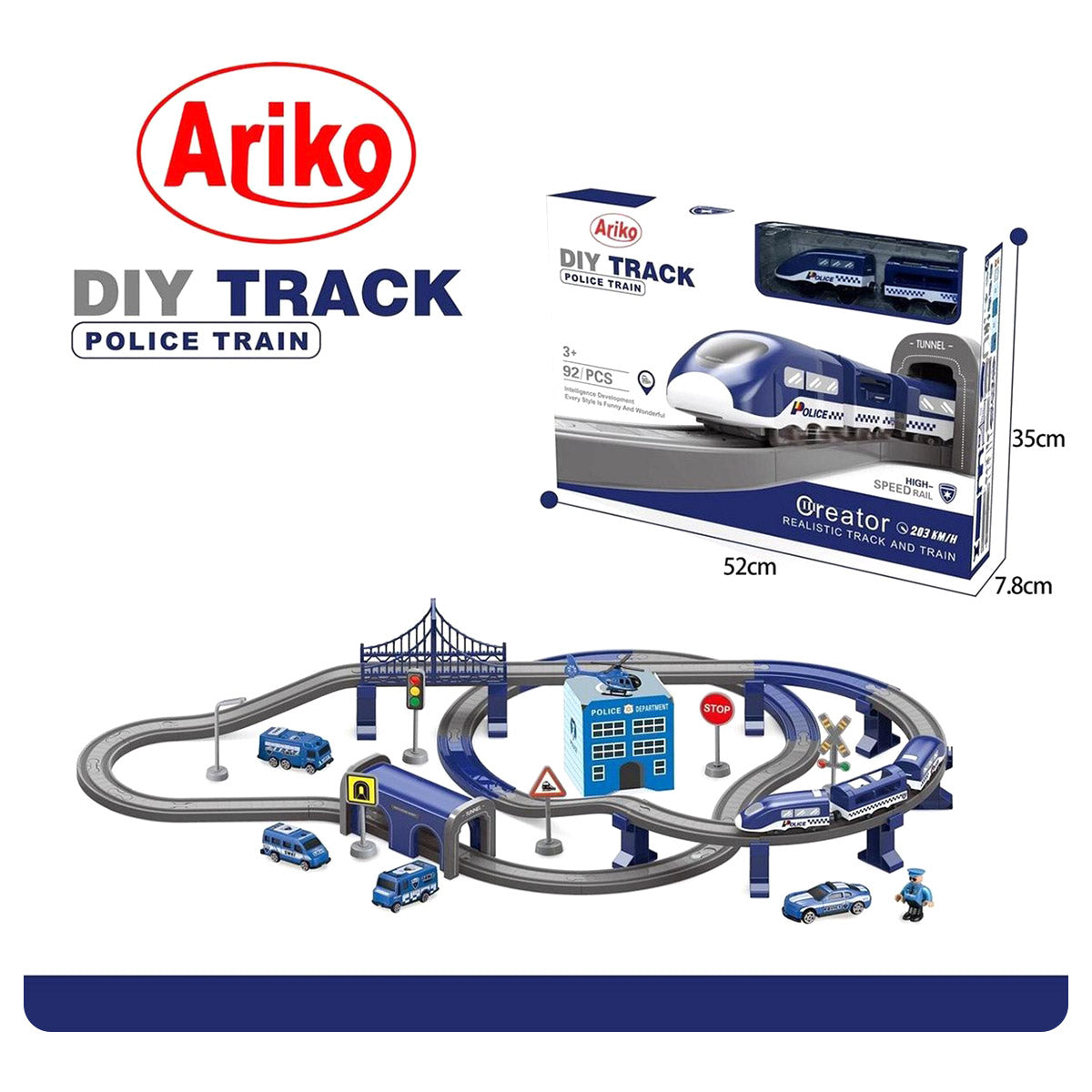 Ariko XXL Elektrische Politie Treinbaan | Racebaan | 92 delig | Politie Stad | 350CM Treinbaan | Met auto's en helikopter | Inclusief 2 x Philips AAA batterijen
