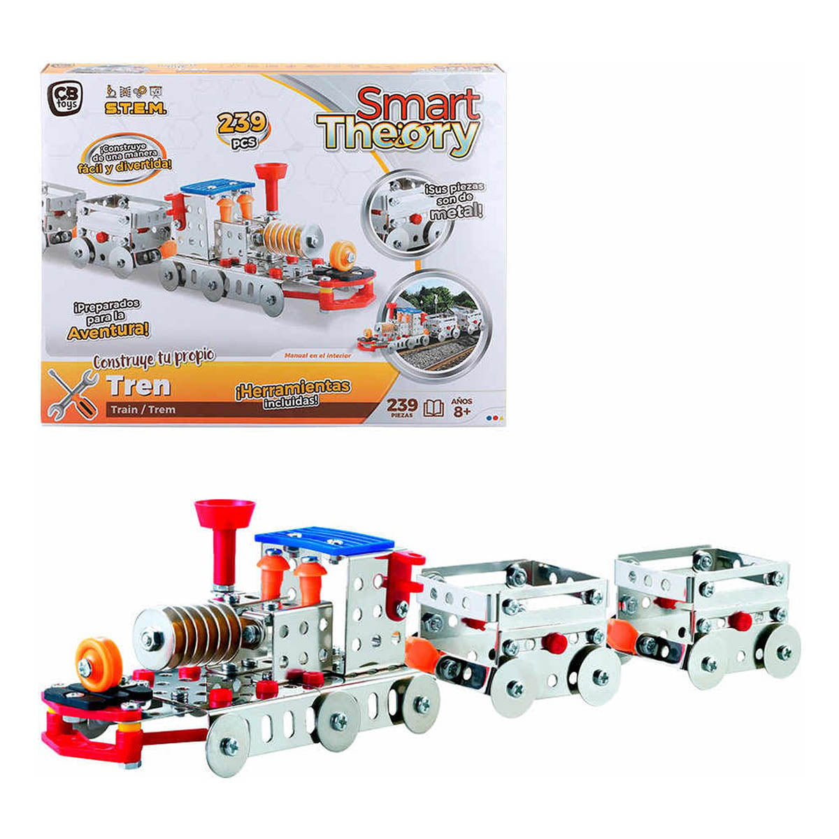 Ariko Bauset - Metal Train with Wagons - Bauspiel - Bauset Zug mit Wagon Stahl Silber 239-teilig - Inklusive Werkzeug - S.T.E.M. Spielzeug - Sprachspielzeug
