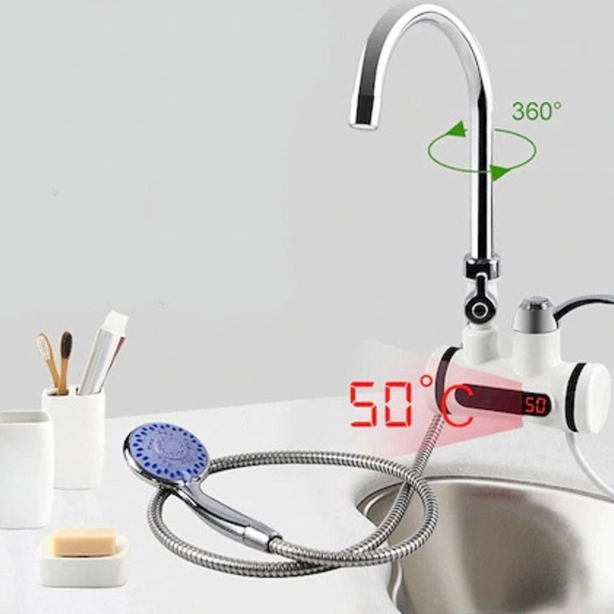 Ariko Elektrisch Verwarmd Kraan en douche - Elektrisch Instant kraan tot 60 ?c - LCD Digitaal - Niet Kokend Water - 3000W - Inclusief Douchekop