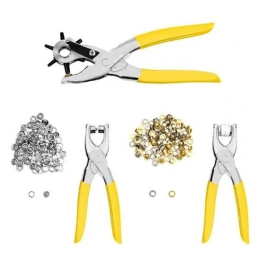 Ariko Revolvertang 203-delige set - Ponstang - Geel of Rood - Oogjestang - Ringetjestang - Gaatjestang - Zeilringtang - Drukknooptang - Riemen & Leer - met Benodigdheden