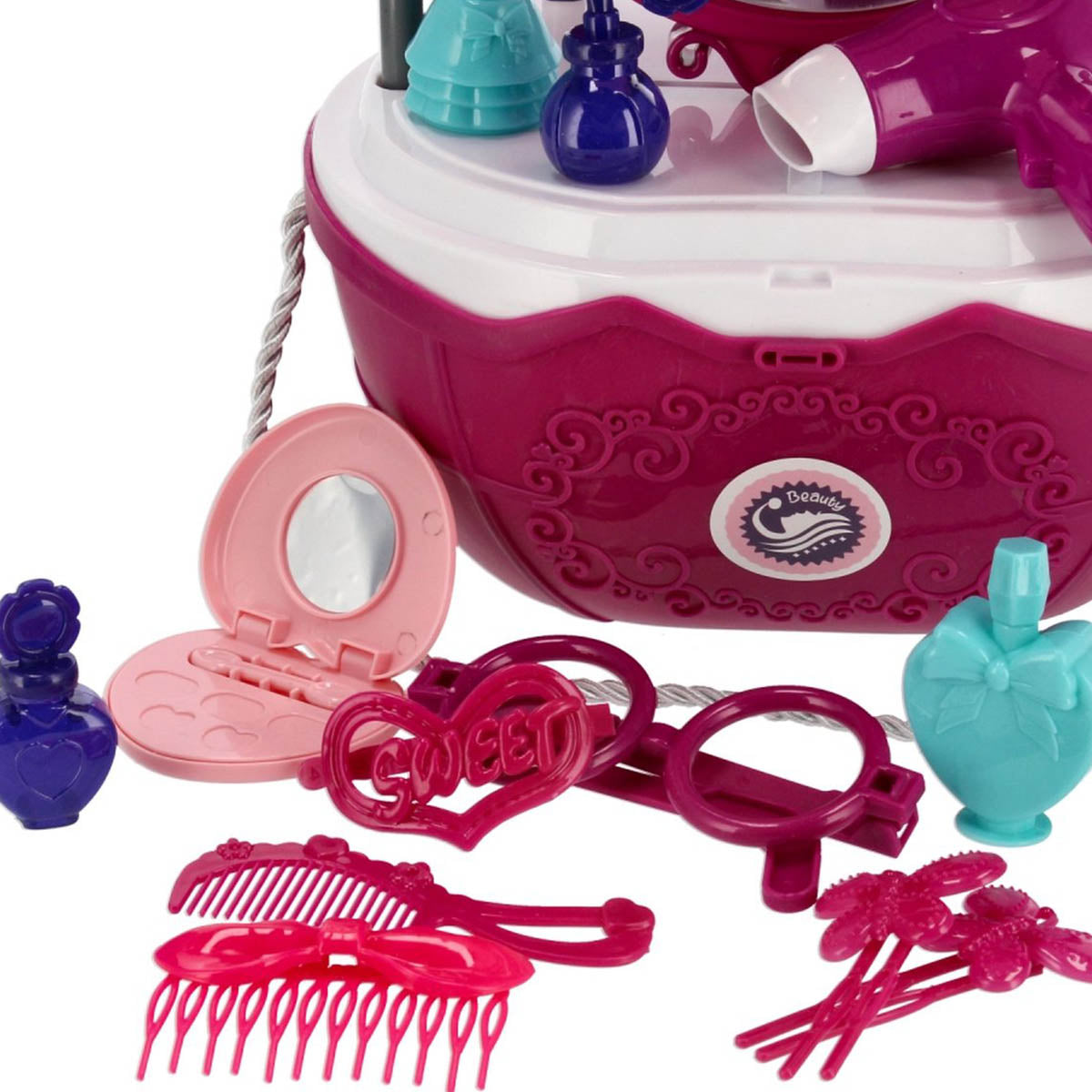 Ariko Speelgoed trolley Schoonheid salon 31 delig - Fohn, spiegel, make-up, parfum en nog veel meer - handige meeneem koffer met wieltjes