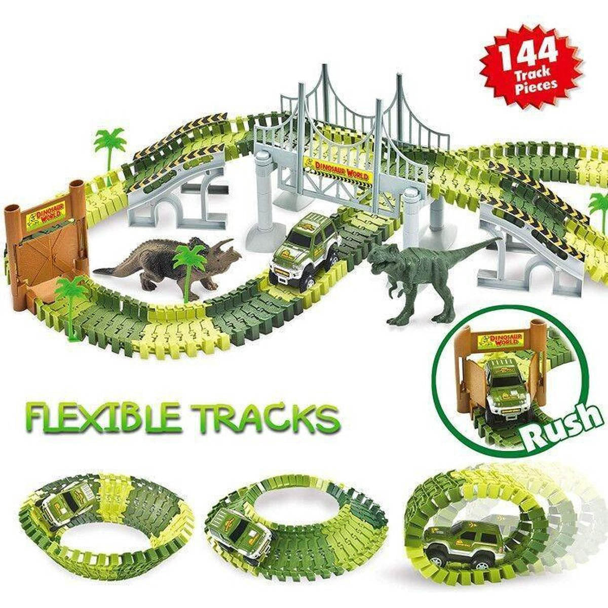 Ariko Circuit automobile avec des dinosaures | jungle de piste de course | avec des dinosaures | piste de dinosaure | piste de course flexible | 6 pistes de course différentes | avec véhicule militaire | y compris les piles
