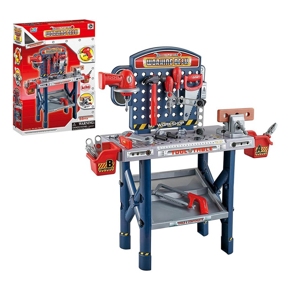 <tc>Ariko</tc>  SFL XXL Werkbank mit Werkzeugen | 55 Stück | Spielzeug-Werkzeuge | Werkzeugsatz | Elektrische Bohrmaschine | Inklusive Philips Batterien